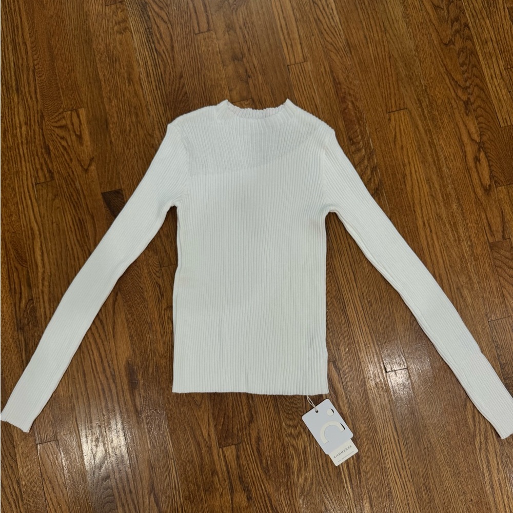 Commense White Ribbed Long Sleeve Tee